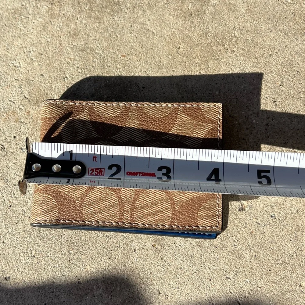 Coach Slim Clip Billfold Card Hold Wallet Brown Classic Canvas Blue Leather - Picture 8 of 12